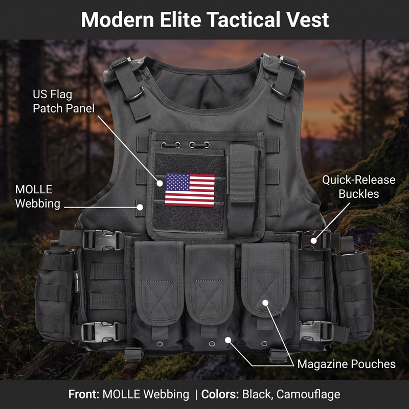 Feature overview of the Modern Elite tactical vest: US flag patch panel, MOLLE webbing, magazine pouches, quick-release buckles