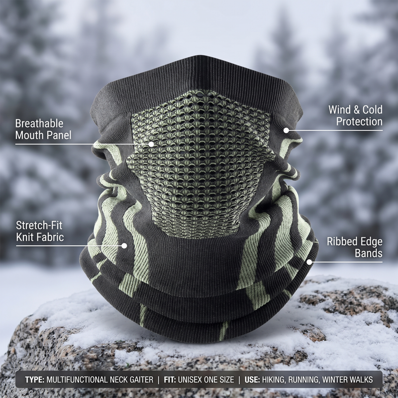 Premium multifunctional neck gaiter feature callouts: breathable mouth panel, stretch-fit knit fabric, wind and cold protection and ribbed edge bands