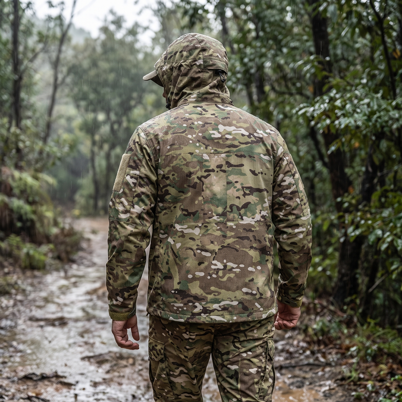 Man on a wet forest trail in the camouflage rip-stop suit with the hood up
