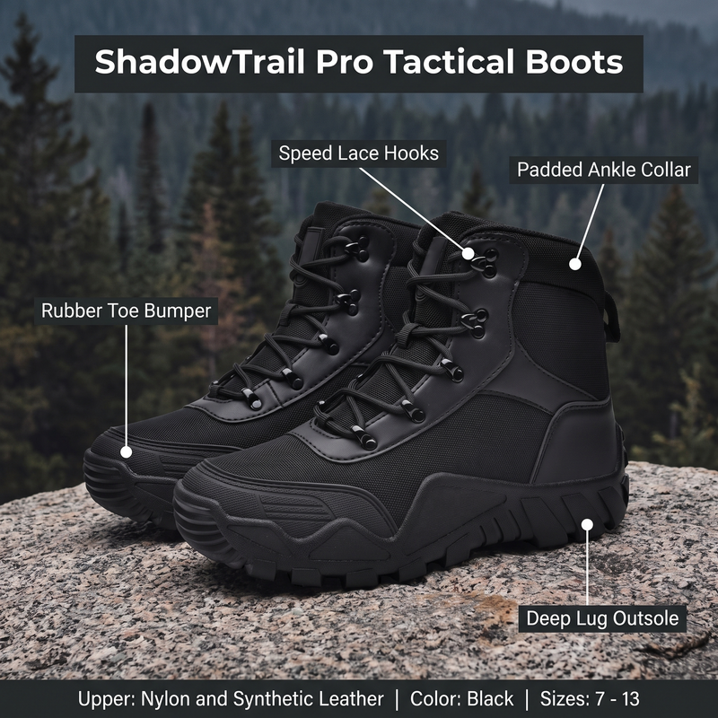 Feature overview of the ShadowTrail Pro tactical boots: rubber toe bumper, speed lace hooks, padded ankle collar, deep lug outsole