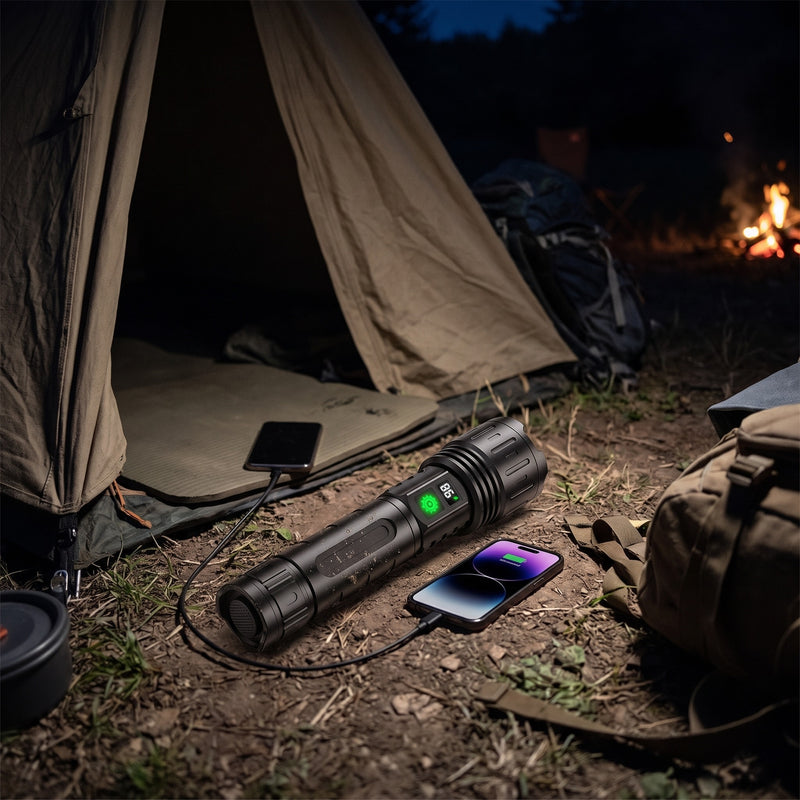 Tactical LED Flashlight Zoom USB C Power Bank LCD Display Torch, product photo 5