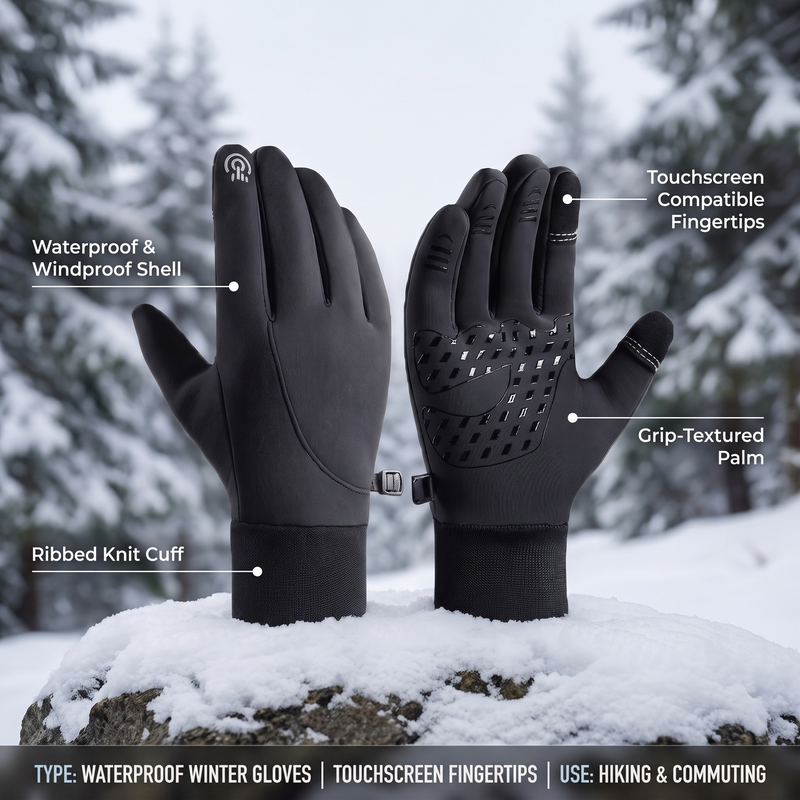 ThermoMax Waterproof Winter Gloves feature callouts: waterproof windproof shell, touchscreen compatible fingertips, grip-textured palm and ribbed knit cuff