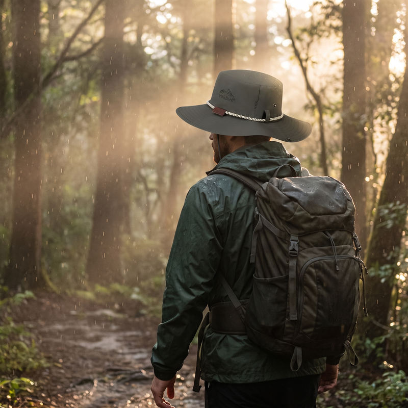 Hiker wearing wide brim rain hat on misty forest trail