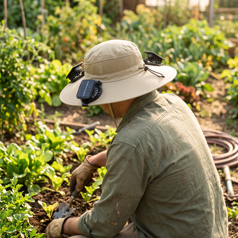 Gardener working in the sun wearing the Wide Brim Sun Hat with Solar Fans in khaki