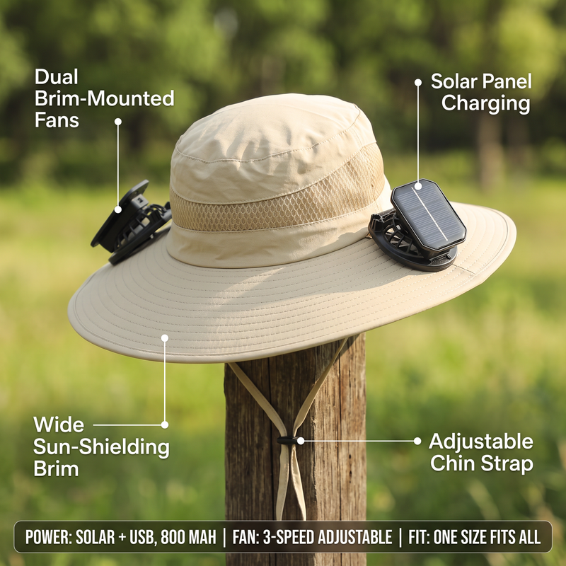 Wide Brim Sun Hat with Solar Fans feature callouts: dual brim-mounted fans, solar panel charging, wide sun-shielding brim and adjustable chin strap