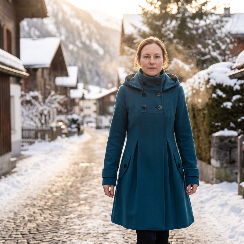 Women's A Line Hooded Winter Coat Double Breasted Funnel Neck Pleats, product photo 3