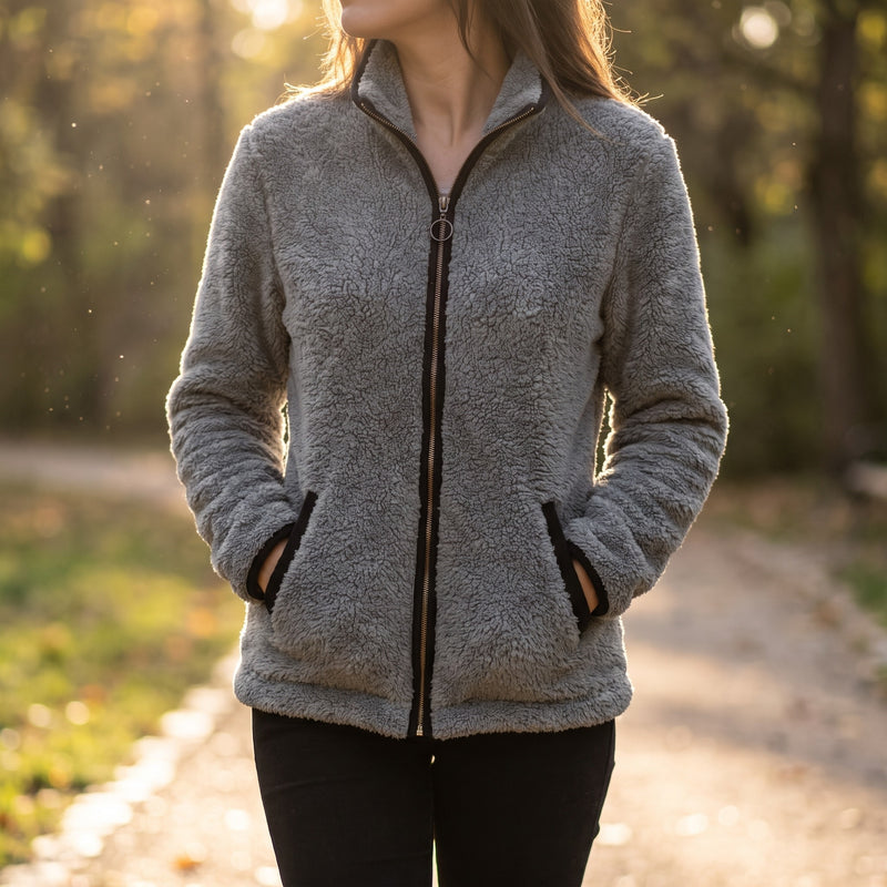 Women's Casual Jacket Plush Trim Contrast Zip Slim Fit Short, product photo 3