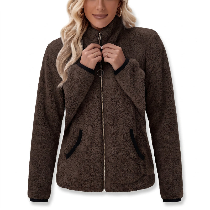Women's Casual Jacket Plush Trim Contrast Zip Slim Fit Short, product photo 8