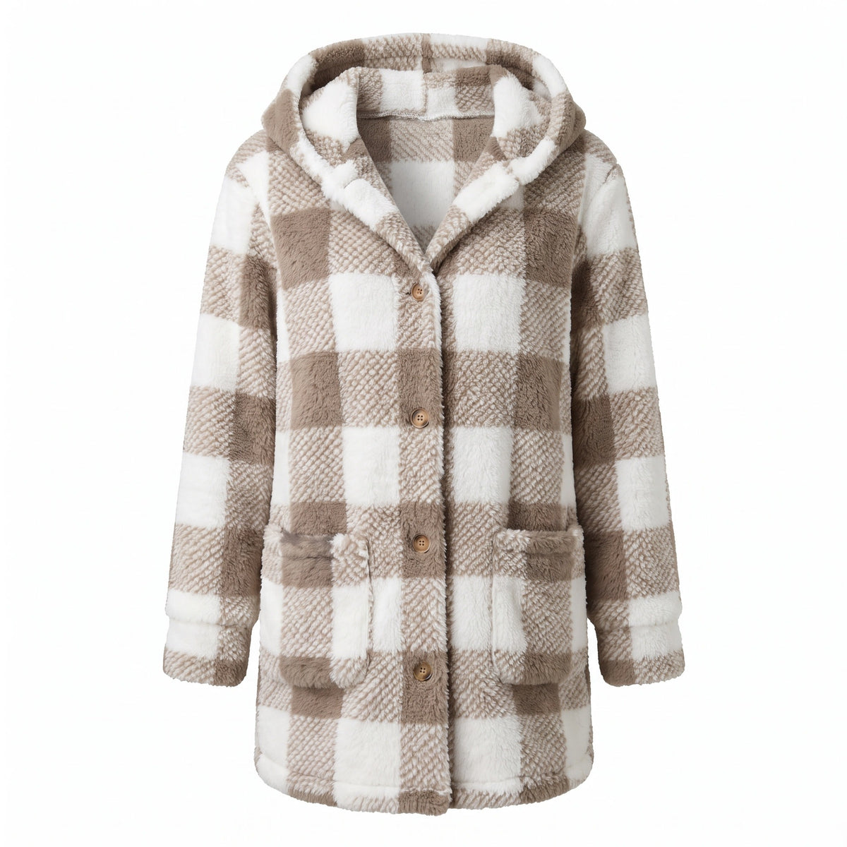 Women's Checked Teddy Fleece Coat Hooded Button Front Long Cut, product photo 1