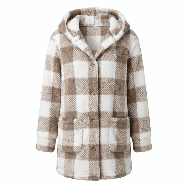 Women's Checked Teddy Fleece Coat Hooded Button Front Long Cut