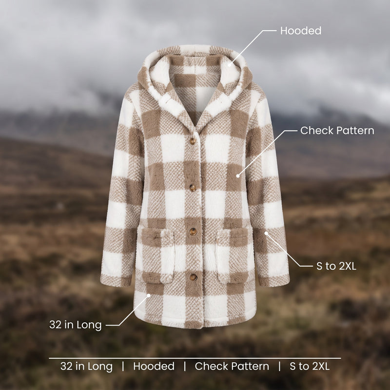 Women's Checked Teddy Fleece Coat Hooded Button Front Long Cut, product photo 2