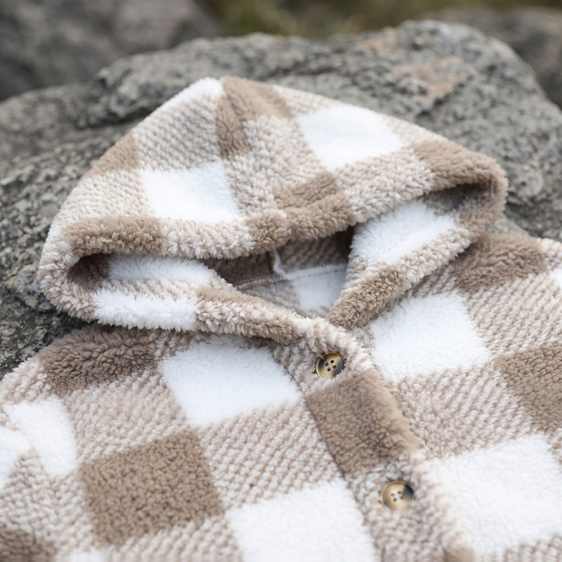 Women's Checked Teddy Fleece Coat Hooded Button Front Long Cut, product photo 4