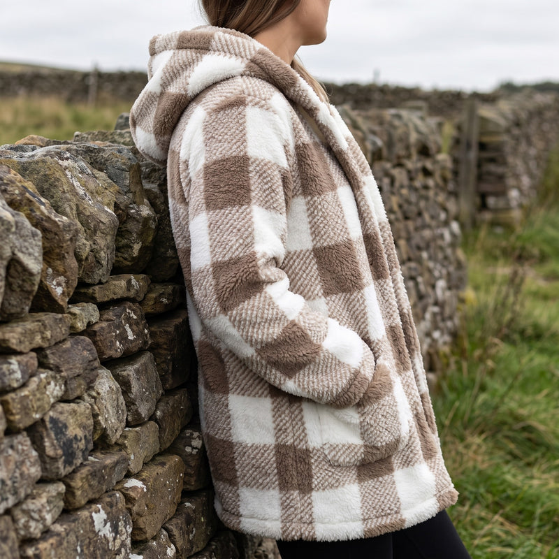 Women's Checked Teddy Fleece Coat Hooded Button Front Long Cut, product photo 5