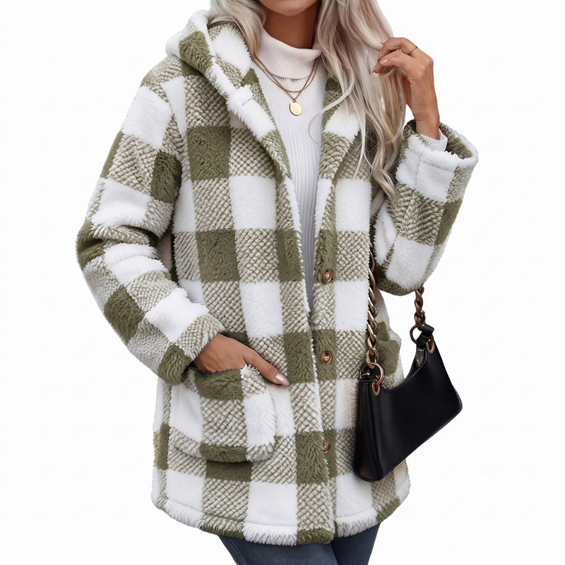 Women's Checked Teddy Fleece Coat Hooded Button Front Long Cut, product photo 6
