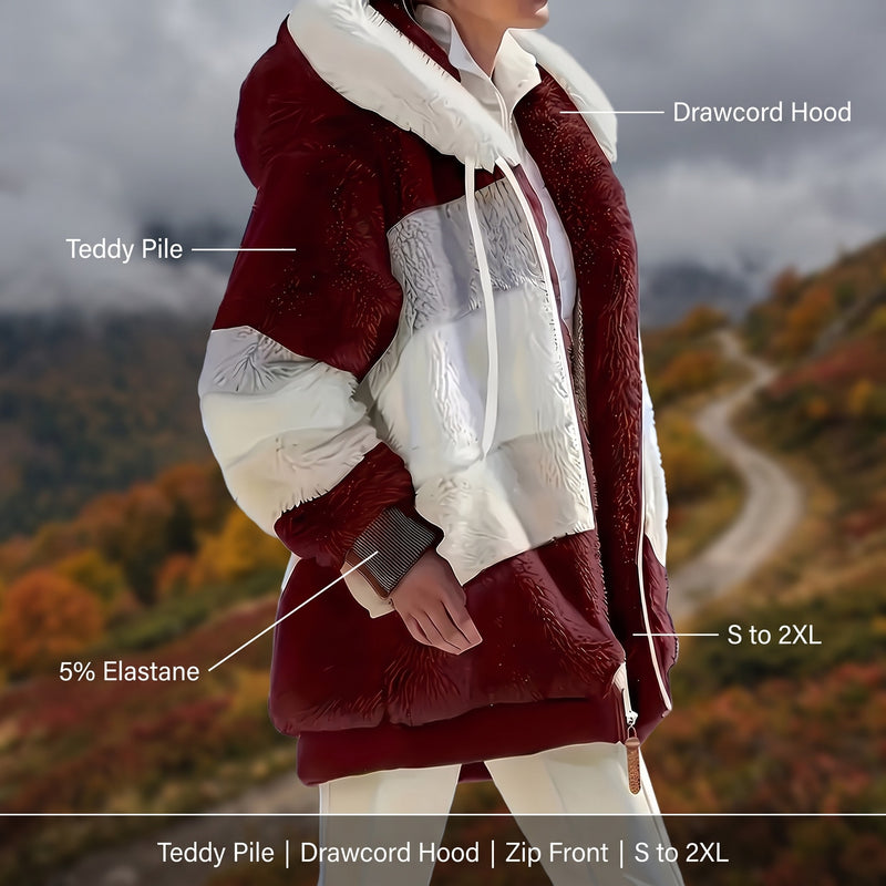 Women's Colour Block Teddy Jacket Hooded Drawcord Zip Front, product photo 2