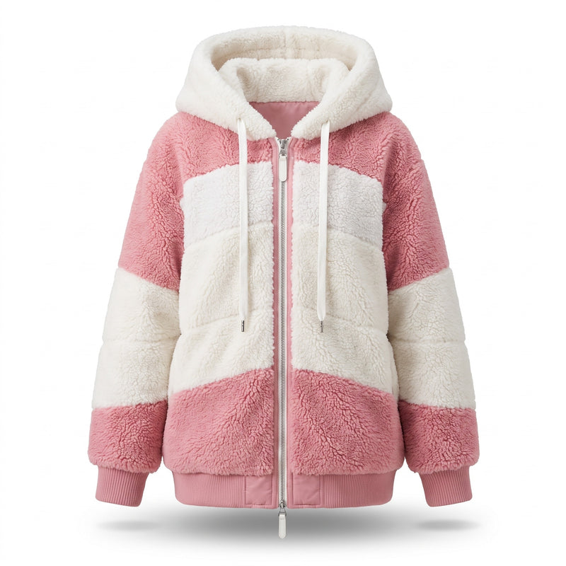 Women's Colour Block Teddy Jacket Hooded Drawcord Zip Front, product photo 6