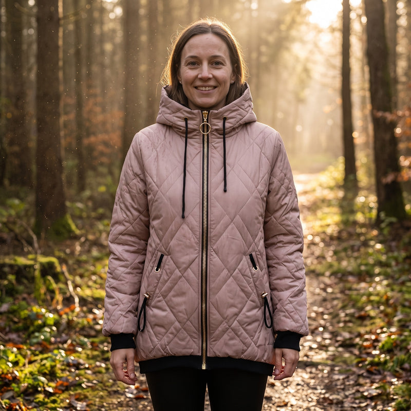 Women's Diamond Quilted Hooded Jacket Zip Front Drawstring Hem, product photo 3