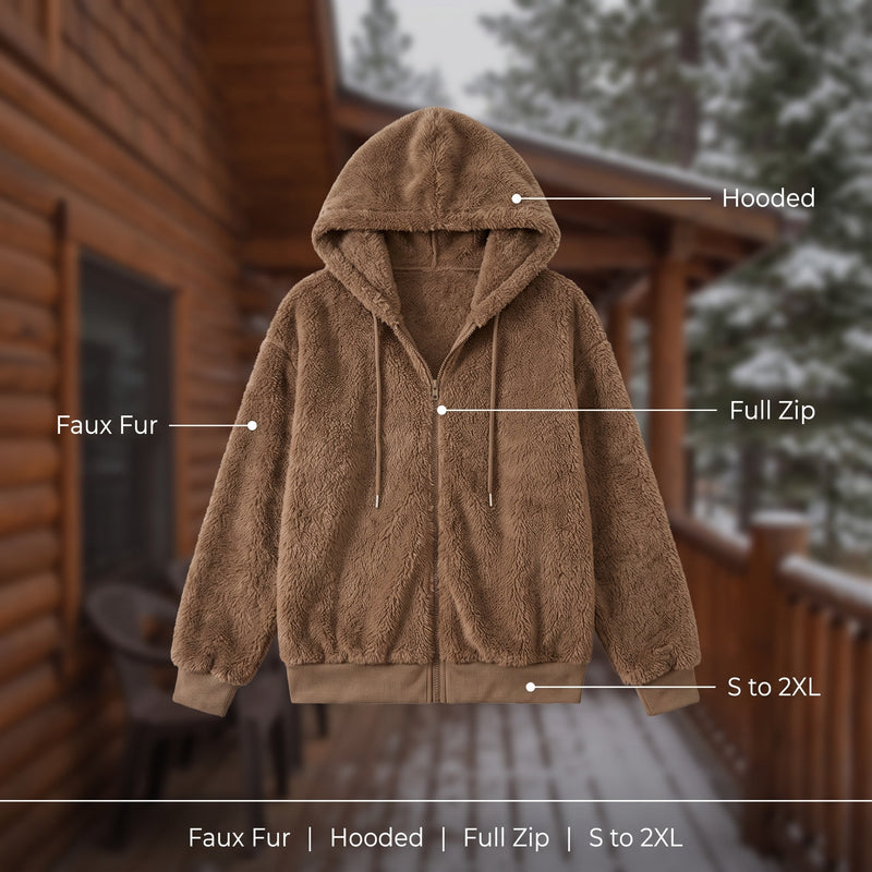 Women's Faux Fur Hooded Jacket Zip Front Loose Mid Length Coat, product photo 2