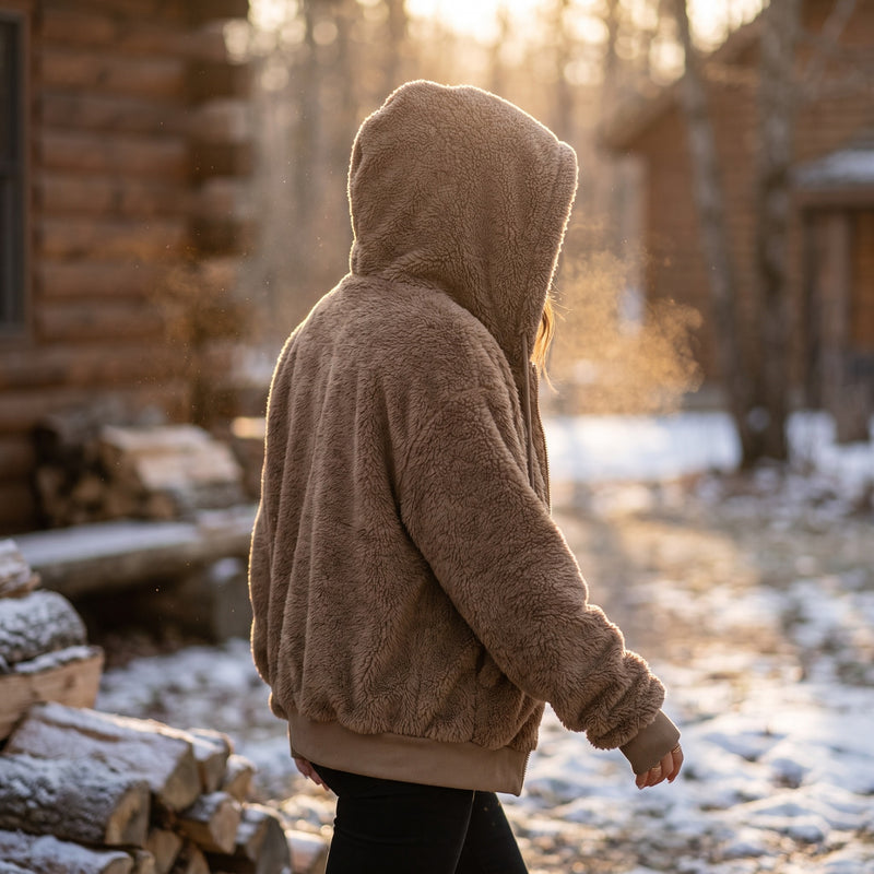 Women's Faux Fur Hooded Jacket Zip Front Loose Mid Length Coat, product photo 3