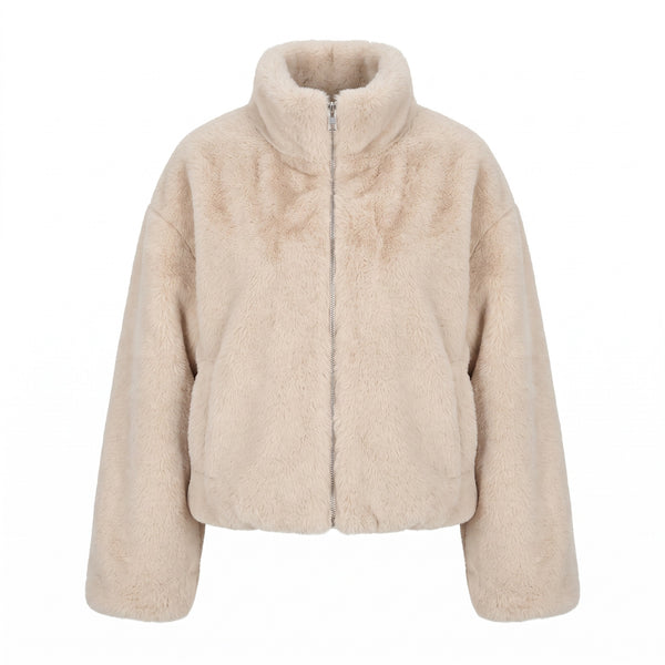 Women's Faux Fur Overcoat Stand Collar Zip Loose Short Cut