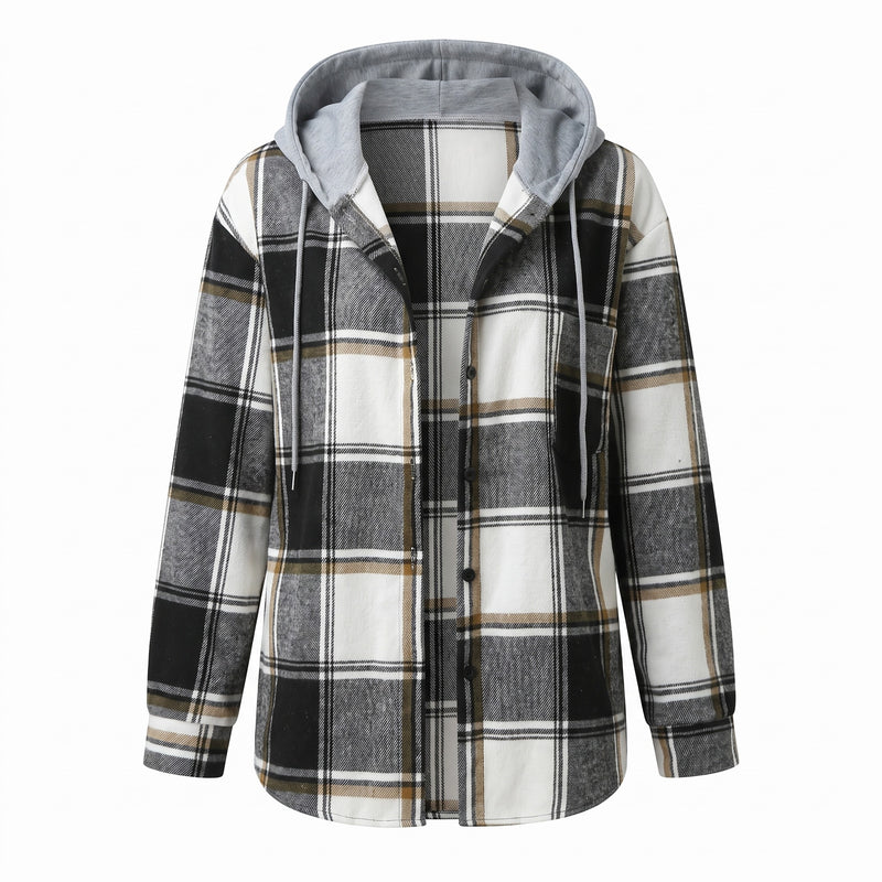 Women's Hooded Plaid Shacket Button Down Shirt Jacket Fall Outerwear, product photo 8
