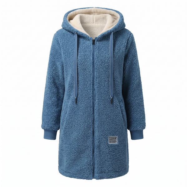 Women's Hooded Teddy Fleece Coat Long Full Zip Drawstring Jacket