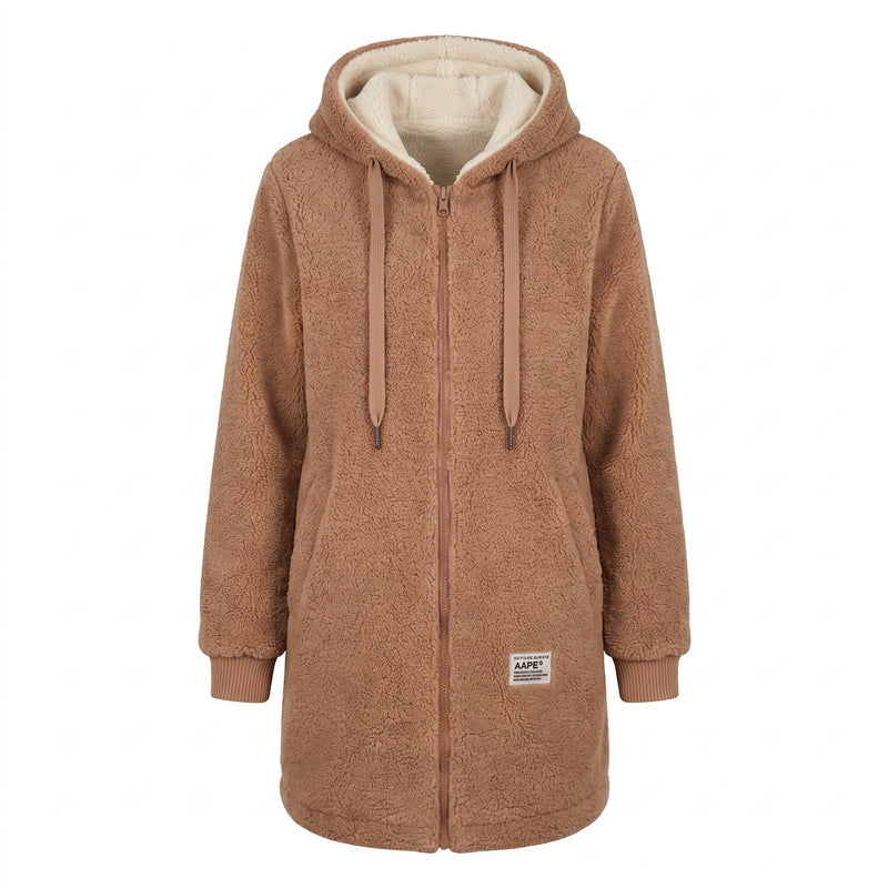 Women's Hooded Teddy Fleece Coat Long Full Zip Drawstring Jacket, product photo 7