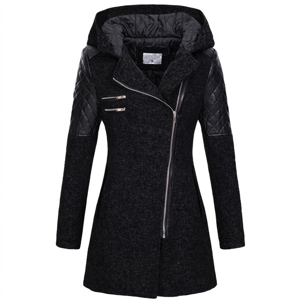 Women's Hooded Winter Coat Asymmetric Zip Faux Leather Sleeve Panels