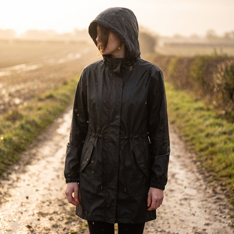 Women's Knee Length Rain Coat Hooded Pockets Windproof Shell, product photo 3