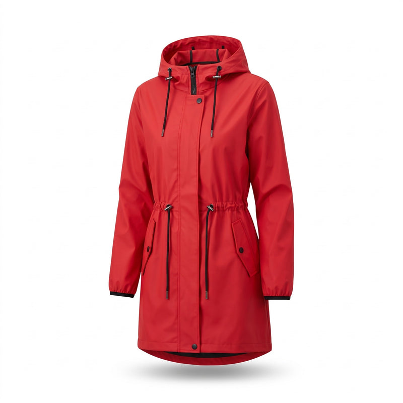Women's Knee Length Rain Coat Hooded Pockets Windproof Shell, product photo 6