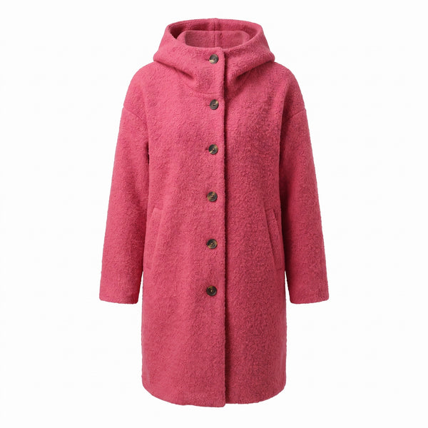 Women's Long Hooded Coat Textured Boucle Button Front Winter Outerwear