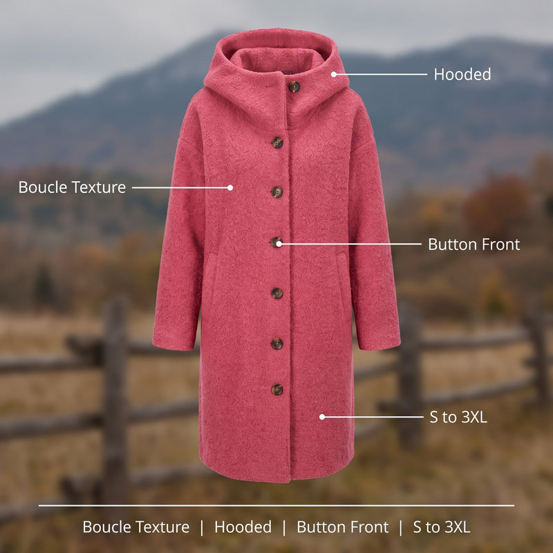 Women's Long Hooded Coat Textured Boucle Button Front Winter Outerwear, product photo 2