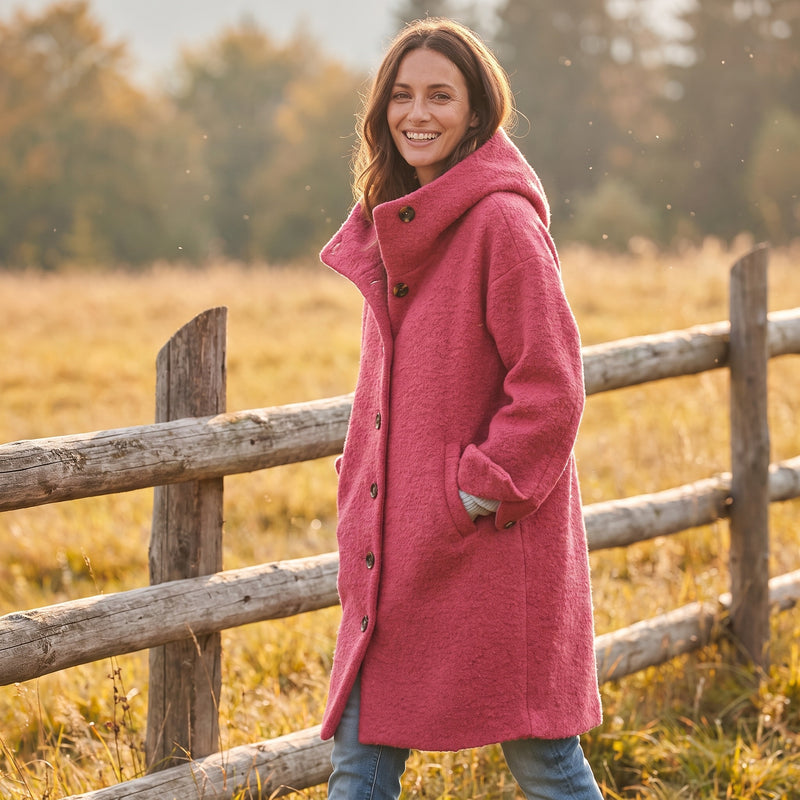 Women's Long Hooded Coat Textured Boucle Button Front Winter Outerwear, product photo 3