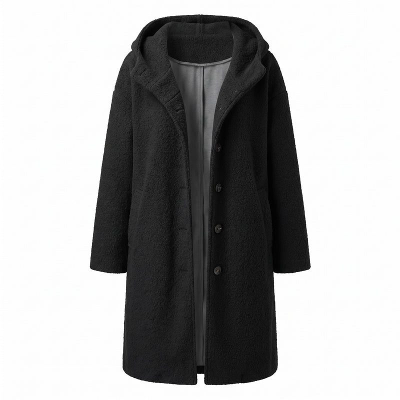 Women's Long Hooded Coat Textured Boucle Button Front Winter Outerwear, product photo 8