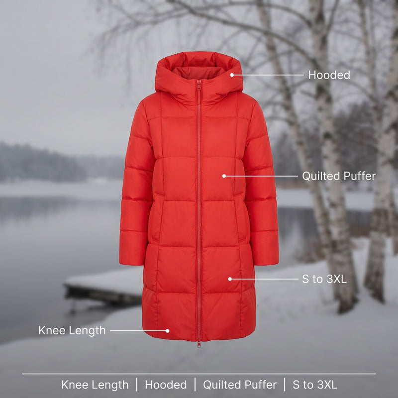 Women's Long Puffer Coat Hooded Quilted Knee Length Winter Jacket, product photo 2