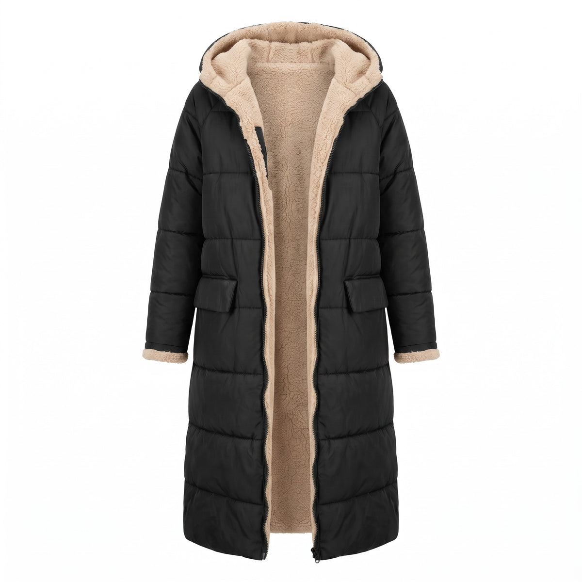 Women's Long Quilted Coat Sherpa Lined Hooded Maxi Winter Jacket, product photo 1