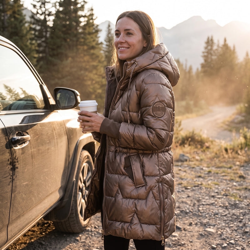Women's Long Quilted Puffer Coat Hooded Glossy Two Way Zip Jacket, product photo 3