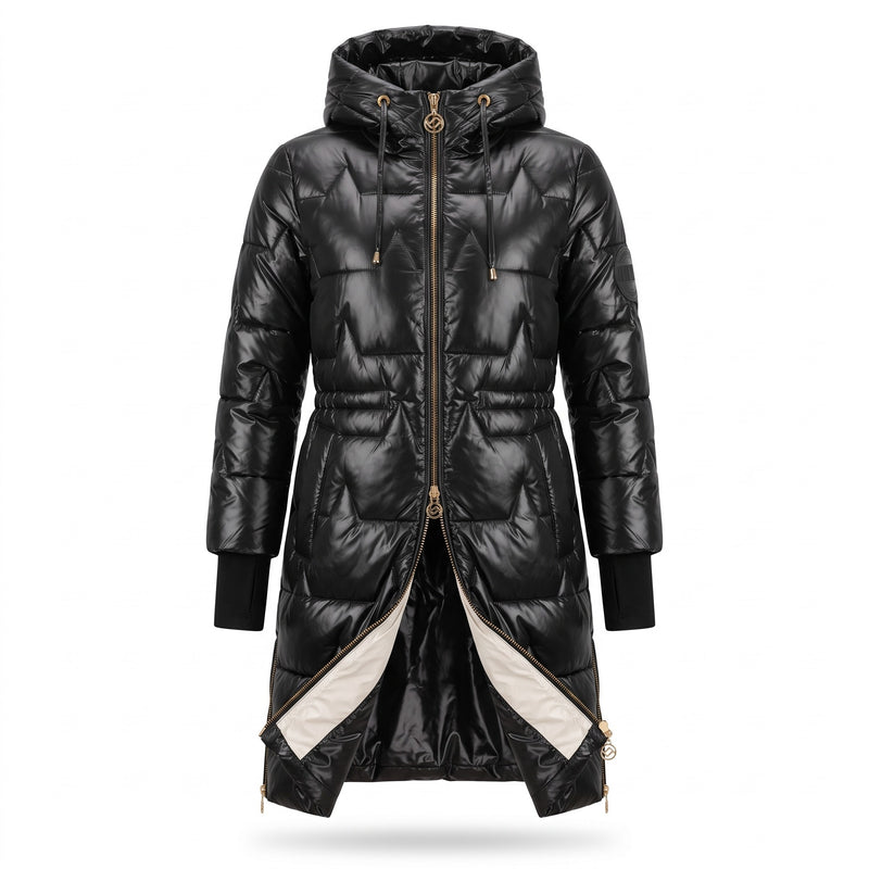 Women's Long Quilted Puffer Coat Hooded Glossy Two Way Zip Jacket, product photo 7