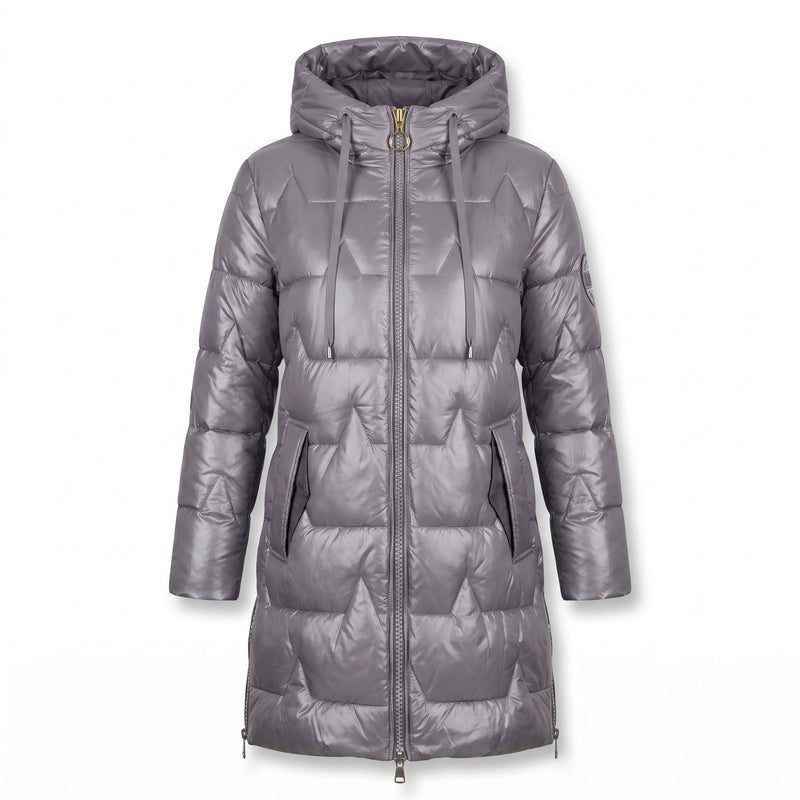 Women's Long Quilted Puffer Coat Hooded Glossy Two Way Zip Jacket, product photo 8