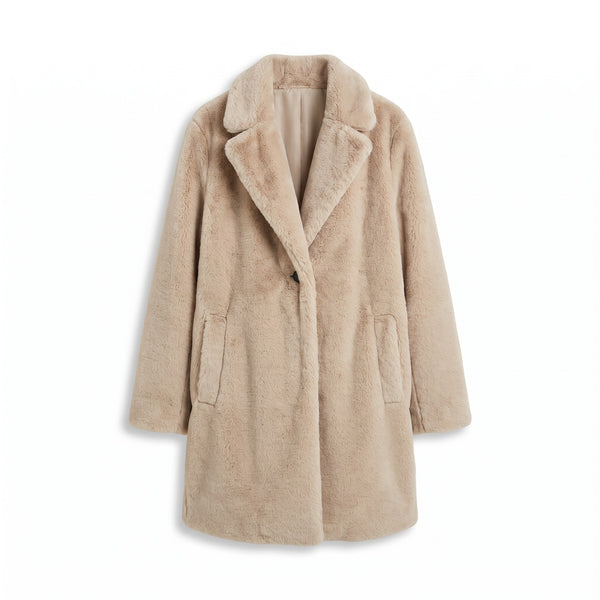 Women's Long Sherpa Coat Lapel Button Front Knee Length Jacket