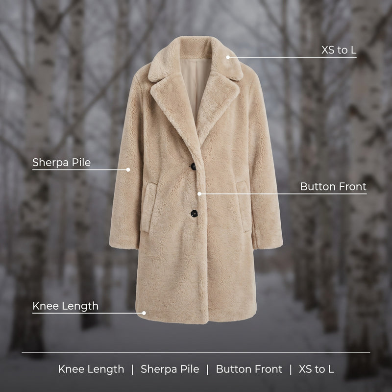 Women's Long Sherpa Coat Lapel Button Front Knee Length Jacket, product photo 2