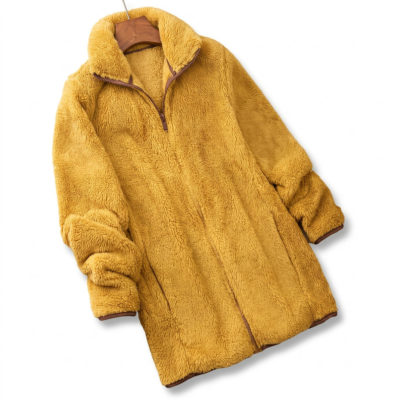 Women's Plush Fleece Jacket Stand Collar Zip Mid Length Coat, product photo 9