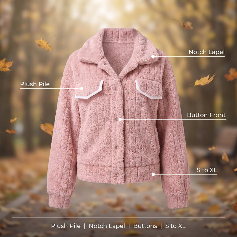 Women's Plush Jacket Notch Lapel Button Front Short Stretch Coat, product photo 2