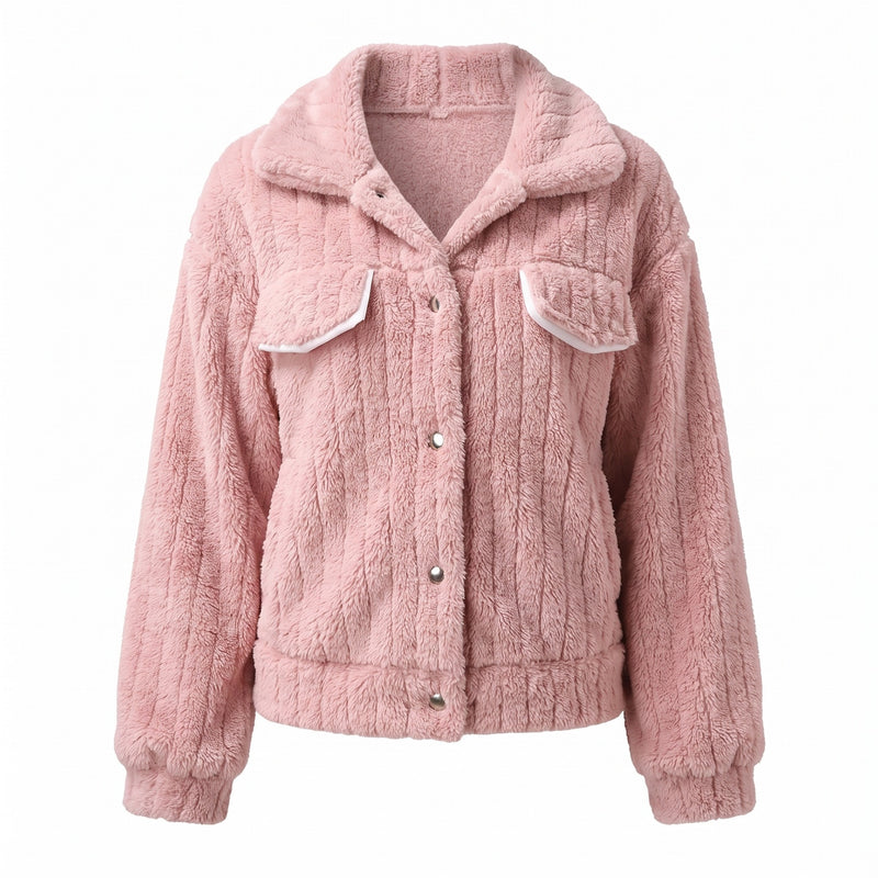 Women's Plush Jacket Notch Lapel Button Front Short Stretch Coat, product photo 7