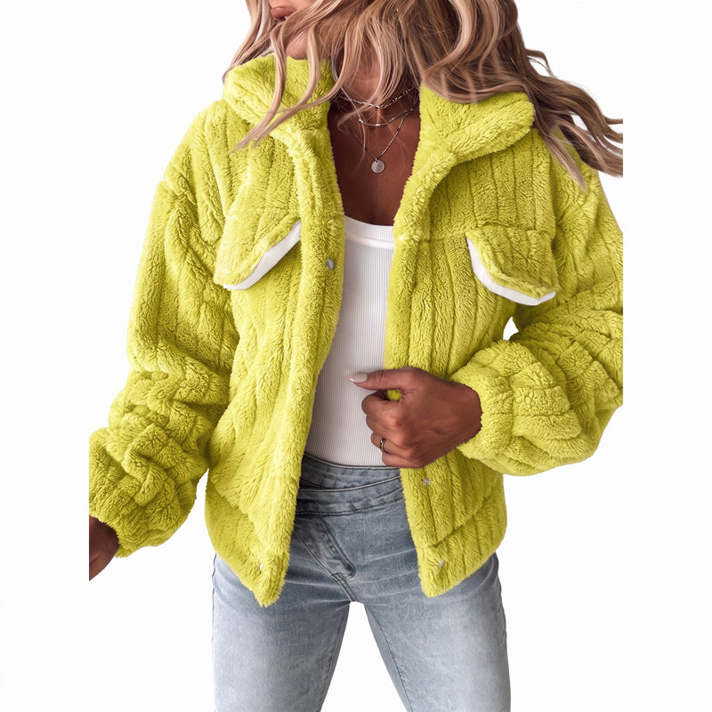 Women's Plush Jacket Notch Lapel Button Front Short Stretch Coat, product photo 8