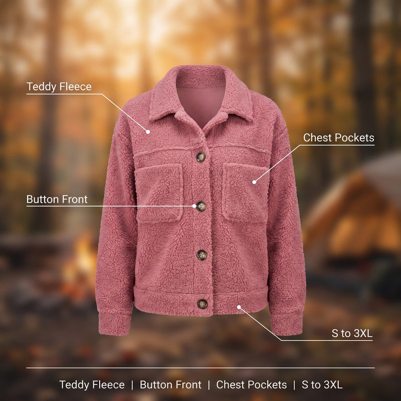 Women's Teddy Shacket Button Front Collared Short Fleece Jacket, product photo 2