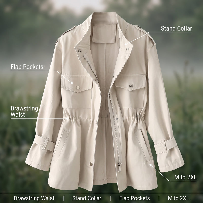 Women's Utility Jacket Drawstring Waist Stand Collar Field Coat, product photo 2