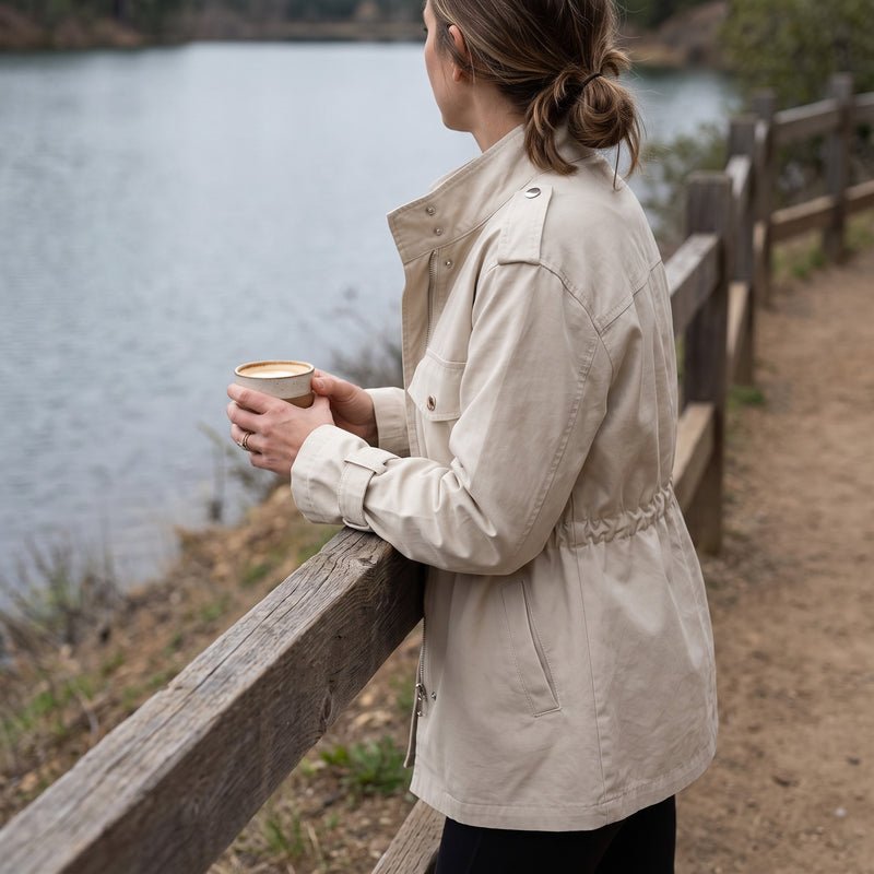 Women's Utility Jacket Drawstring Waist Stand Collar Field Coat, product photo 5