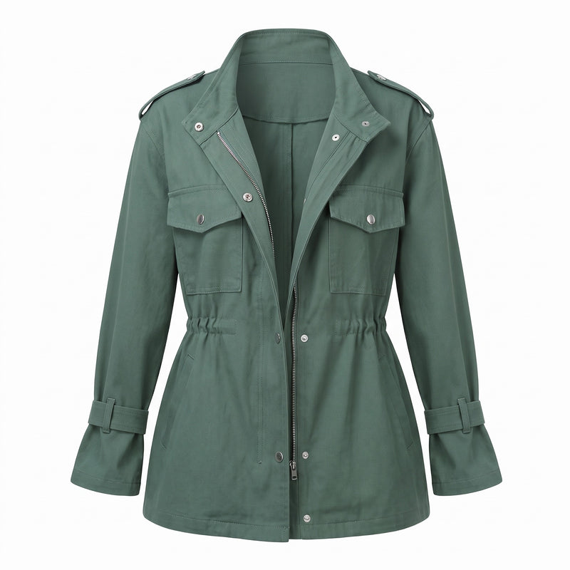 Women's Utility Jacket Drawstring Waist Stand Collar Field Coat, product photo 7