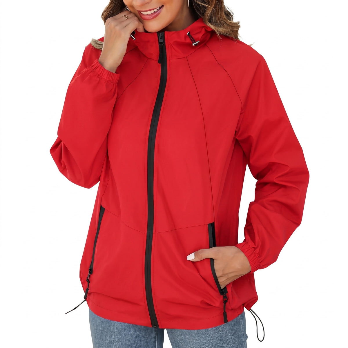 Women's Windbreaker Jacket Hooded Pockets Mid Length Loose Fit, product photo 1